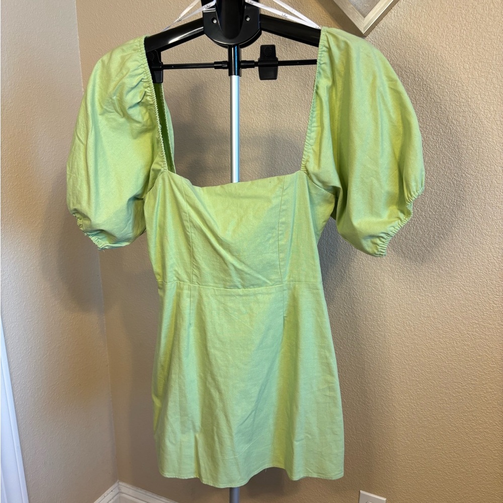 Lulu’s Green Puff Sleeve Square Neck Mini Dress Linen Blend M